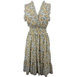 Max Studio Size M Smocked Boho Cottagecore Dress Mustard Yellow Floral Ruffles